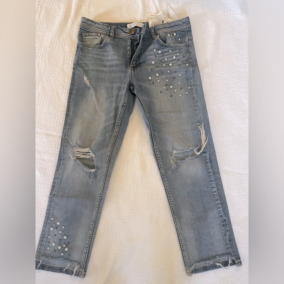 Zara Basic Denim Blue Jeans with Pearls - Picture 1 of 5